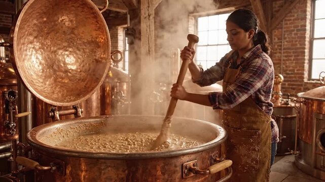 Woman stirs a steaming copper vat during traditional food production in an artisan workshop, showing hands-on culinary craft and industrial process