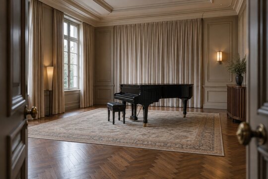 Black grand piano in an elegant paneled room