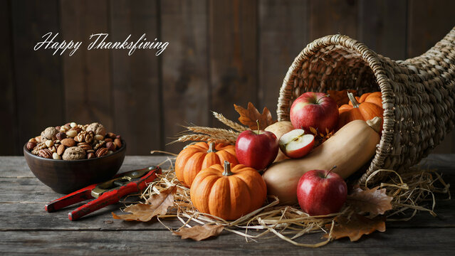 Thanksgiving cornucopia with pumpkins, apples, nuts, and squash on a rustic wooden table, perfect for seasonal holiday greeting cards and festive decor