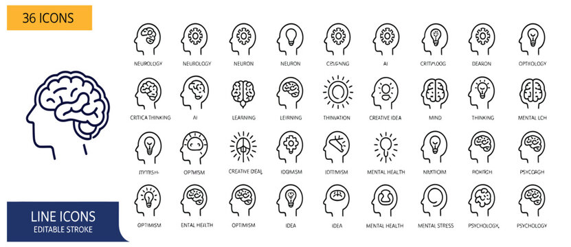 Mental health and psychology line icons collection with brain illustrations human profiles thinking concepts and cognitive process symbols for therapy and education.