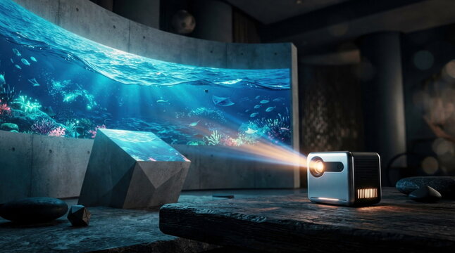 Mini projector casting a crisp holographic ocean across a curved wall with adaptive focus and keystone correction on a premium aluminum device.