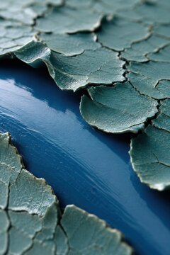 Cracked teal coating peeling away from a glossy blue surface