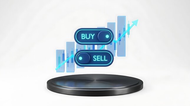 3d render of financial trading concept with buy and sell toggle buttons floating above a metallic pedestal against a clean background