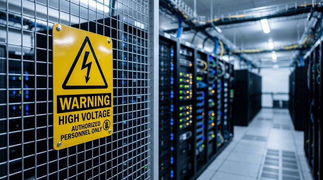 Data center high voltage warning sign on server racks, inside large modern server room for network infrastructure safety.