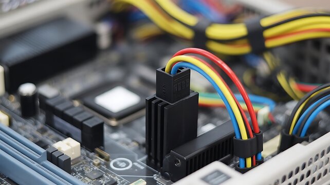 Detailed macro shot of computer motherboard power connectors and colorful wires inside a pc case highlighting modern hardware and system building
