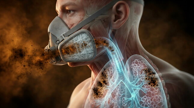Translucent human lungs behind a protective mask profile, showing bronchi, alveoli, soot filtration, smoke exposure, and clean oxygen flow