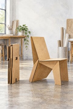 Angular plywood chair beside flat packed panels in a studio