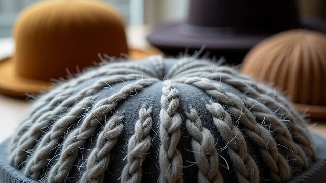 Close-up of a knitted gray hat with braided texture, with other hats blurred in the background