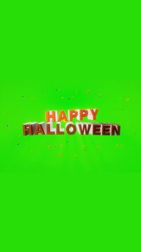 Metallic orange Happy Halloween 3D bold text typography revolves with flying confetti particles against a solid green screen backdrop for keying