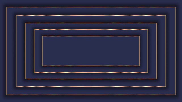 Glowing gold rectangle frame animation with layered frame expansion on blue background. 4K animated golden luxury frame for background, premium frame border, copy space, title, and motion graphics.