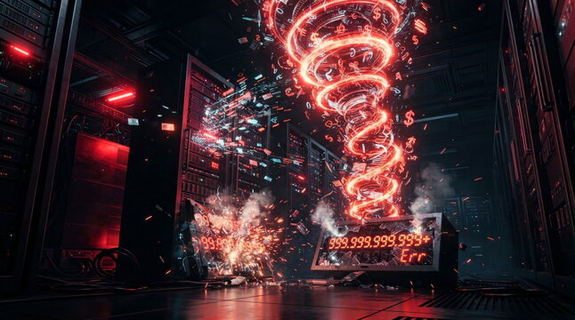 Runaway cloud billing error with a broken usage counter, expanding data packets, server racks, and a rising billing spiral.