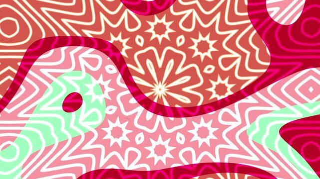 Red pink white geometric mandala overlay flower patterns wavy abstract design. Suitable for digital backgrounds, printables, textiles, and packaging.
