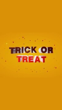 Red and brown 3D Trick or Treat text typography floats and tilts with drifting celebratory confetti on a warm yellow studio background