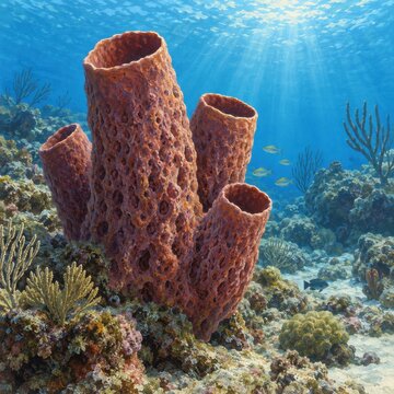 Orange tube sponges on a sunlit underwater reef