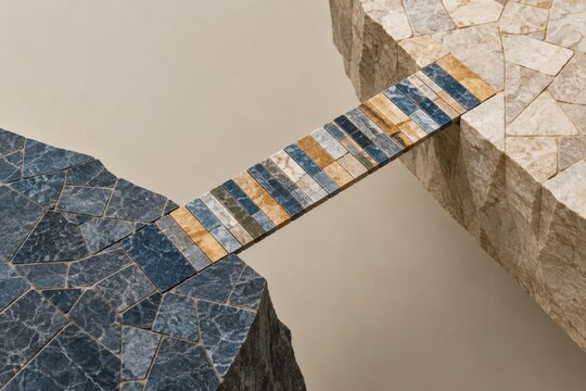 Narrow tiled bridge connecting two stone platforms