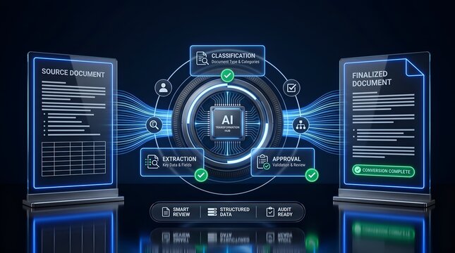 AI powered document transformation process converting source documents into finalized documents with classification extraction and approval stages visualized.