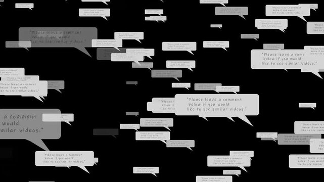 Speech bubbles animation scatters comment request text. Social media interactive feedback telemetry routes on bubbles. Viewer community engagement drives speech bubbles animation.