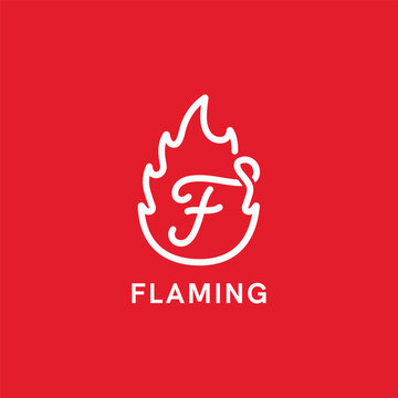 Letter F with fire monoline logo design. Flaming letter F script style symbol logo icon vector illustration