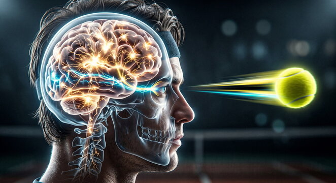 Tennis athlete head cutaway with active brain pathways as a fast serve approaches, showing reaction time and motor processing.