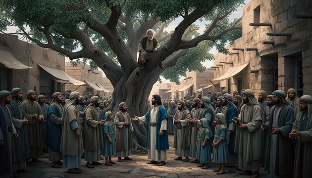 Biblical event of Zacchaeus in sycamore tree as Jesus Christ calls him in Jericho, offering redemption