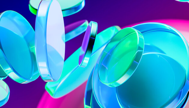 Floating translucent glass disk field 3D technology background