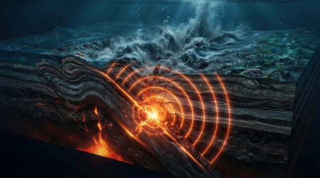 Undersea earthquake at a subduction boundary, with a fractured hypocenter, moving tectonic plates, and seismic waves through the crust.
