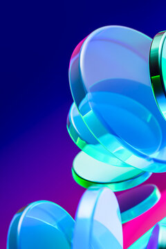 Blue glass disk composition 3D wallpaper with purple negative space