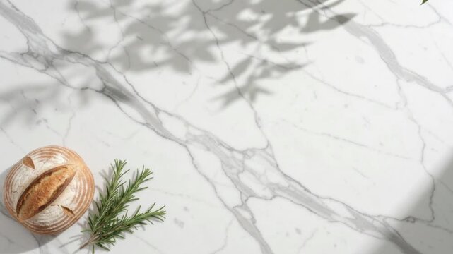 Fresh artisan bread loaf and rosemary sprigs on a white marble countertop with leaf shadow play