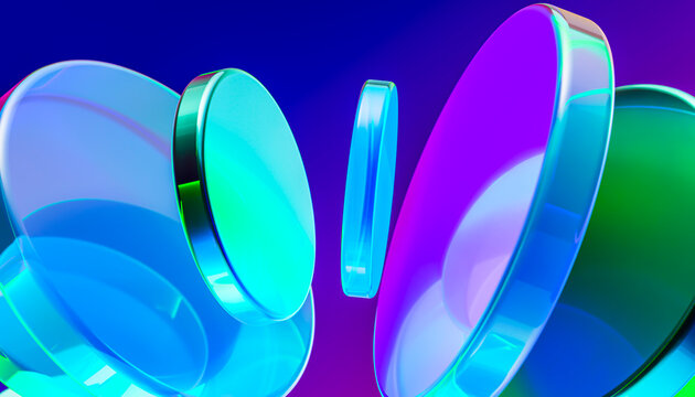 Floating glass disk array 3D technology background in cyan and magenta