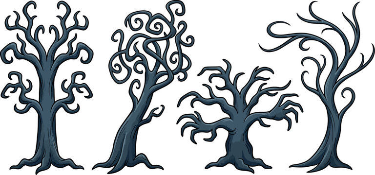 Spooky dead trees with twisted branches, dark silhouette forest elements for Halloween, set of 4 creepy leafless tree vectors for horror design