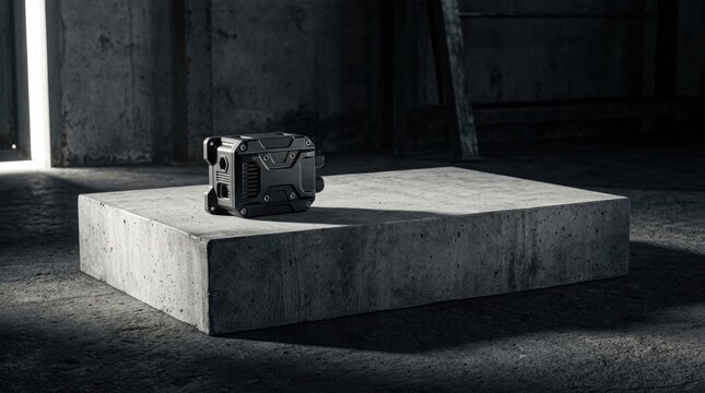A black and gray camera on a concrete block in a dimly lit room.