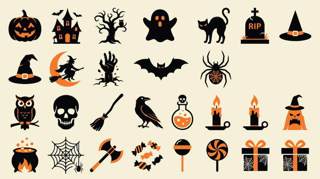 Halloween flat icon set with 28 vector elements, spooky orange and black holiday symbols, decorative autumn celebration graphics for party invitations
