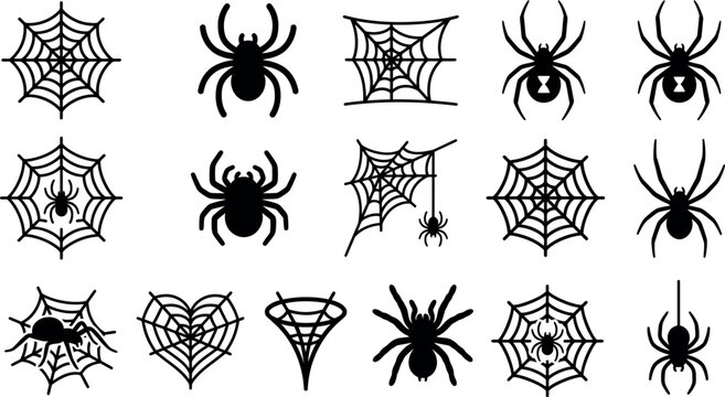 Halloween spider and cobweb vector icons, black silhouette arachnid collection, 15 spooky spiderweb elements for graphic design and holiday decor