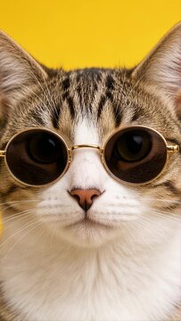 Close Up Portrait of a Cute Gray and White Tabby Cat with Sunglasses, Furry Face and Adorable Expression