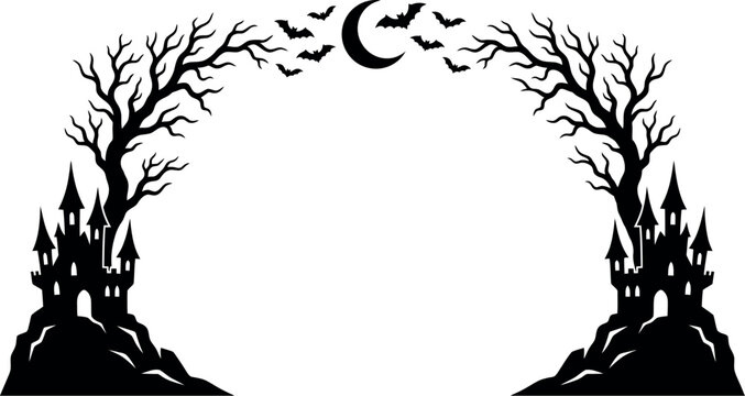Spooky Halloween border with haunted castle silhouettes, creepy dead trees and flying bats frame, gothic night landscape vector illustration