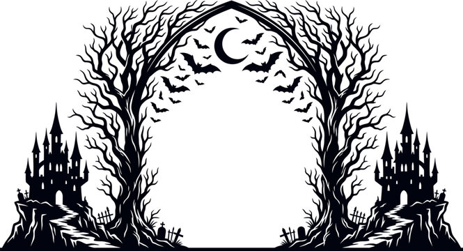 Spooky Halloween border with haunted castle and dead trees, gothic arch frame with bats and crescent moon, black and white horror vector illustration