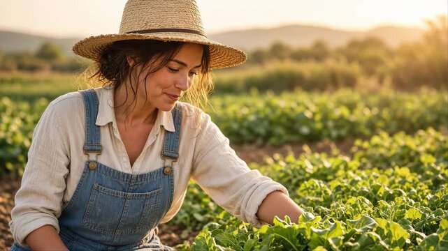 Young Farmer Woman in Hat Smiling and Work in Her farm, Enjoying Nature and Outdoor Lifestyle in Spring, Beauty, Happiness and Relaxation Concept