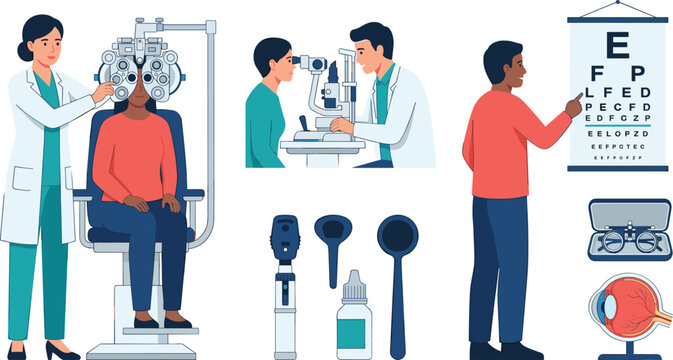 Ophthalmologist and Eye Clinic Medical Examination Vector Set Featuring Optometrist Testing Vision with Phoropter Snellen Chart Slit Lamp and Anatomy Model