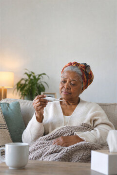 Sick senior woman checking fever with thermometer at home