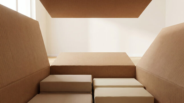 View from inside an open cardboard box with packages ready for delivery