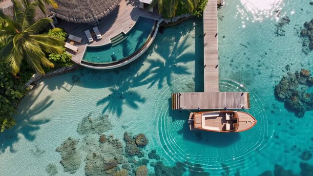 Aerial view of tropical luxury villa featuring tall palm trees, crystal clear turquoise lagoon, and exclusive island resort setting, representing premium vacation and travel, 4K video
