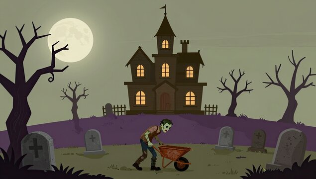 Spooky Zombie Character Pushing a Red Wheelbarrow Through a Graveyard at Night Under a Full Moon with a Haunted Mansion in the Background for Halloween Concept