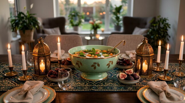 Elegant Eid iftar tablescape with brass lanterns, dates, fresh figs, a mint-and-gold punch bowl, and candlelight.