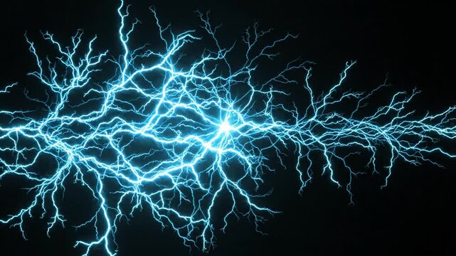Blue electric lightning bolt animation radiating powerful energy through dark space during a intense high voltage storm motion video clip