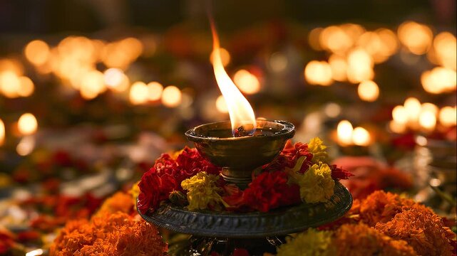 Sacred flame glowing above a traditional metal vessel decorated with vibrant red and yellow flowers, creating a spiritual ceremonial scene symbolizing faith and devotion.