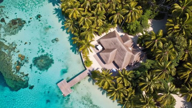 Aerial view of tropical luxury villa featuring tall palm trees, crystal clear turquoise lagoon, and exclusive island resort setting, representing premium vacation and travel, 4K video