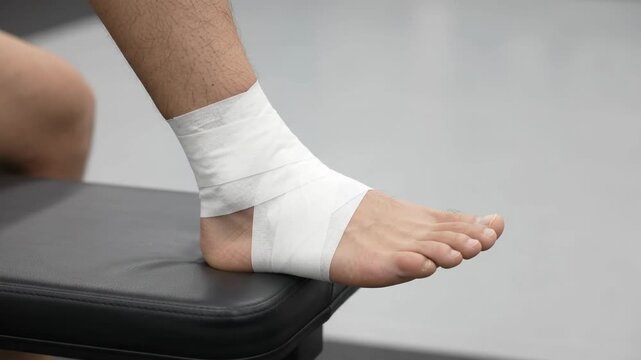 Athlete Flexing Taped Ankle on Padded Bench