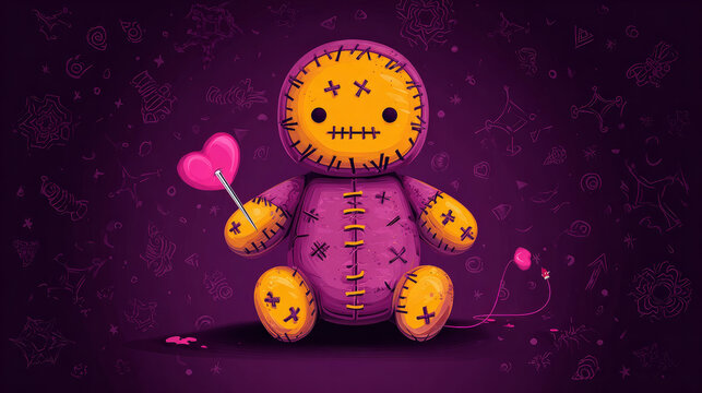 Voodoo Doll Vector Illustration Holding Pin, Halloween Witchcraft, Magic and Horror Concept