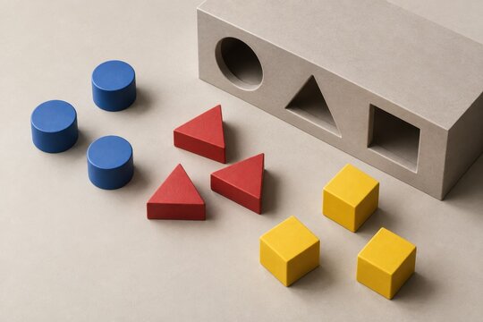 Colorful geometric blocks beside matching shape openings