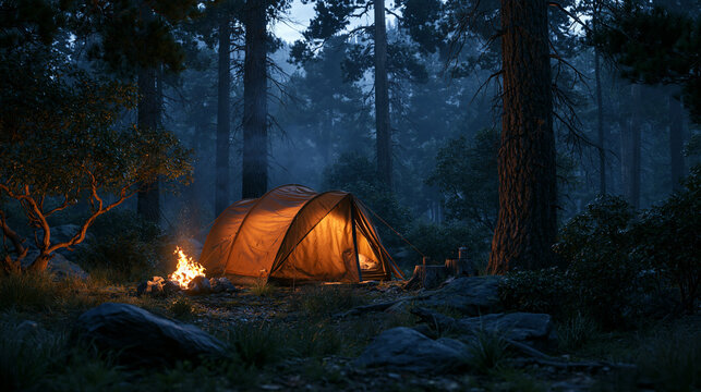 A glowing tent illuminated by a campfire in a dark, misty forest at twilight. Ideal for themes of adventure, wilderness survival, and outdoor travel.